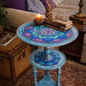 Hand-Painted Vintage Accent Table – Mandala Design – 18x18x26" – One of a Kind